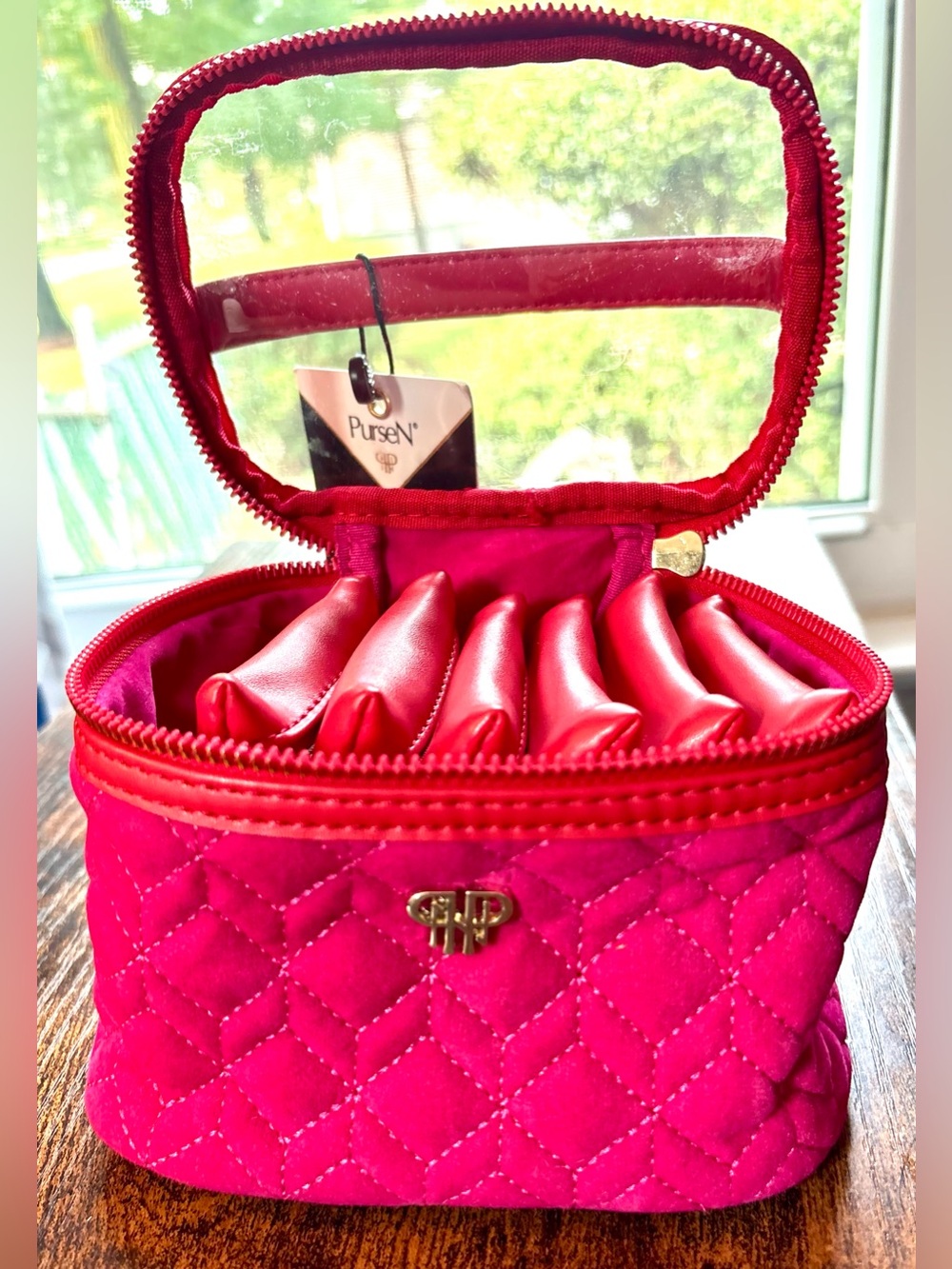 PurseN Hot Pink and Red Quilted Travel Jewelry Organizer with Gold Accents NWT